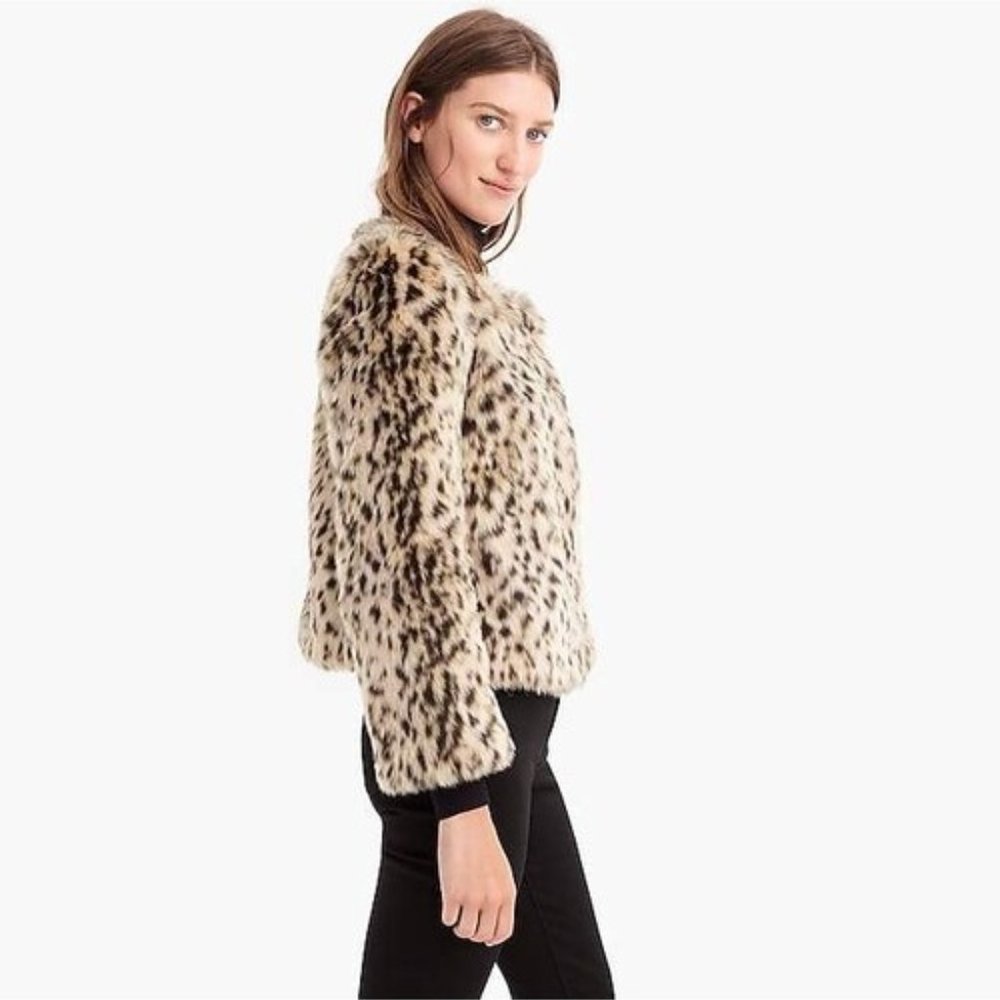 J. CREW Crop Faux Snow Leopard Fur Coat SZ S